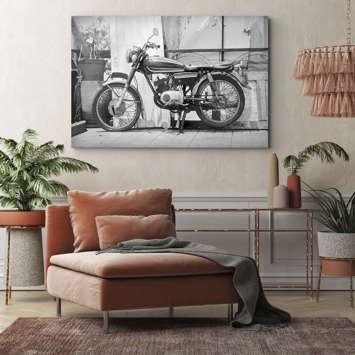 Bild auf Leinwand - Leinwandbild - Schwarz-Weiß-Foto eines klassischen Motorrads - 70x50cm - Klassik über alles - Moderne Wanddekoration für Wohnzimmer und Schlafzimmer ARTTOR