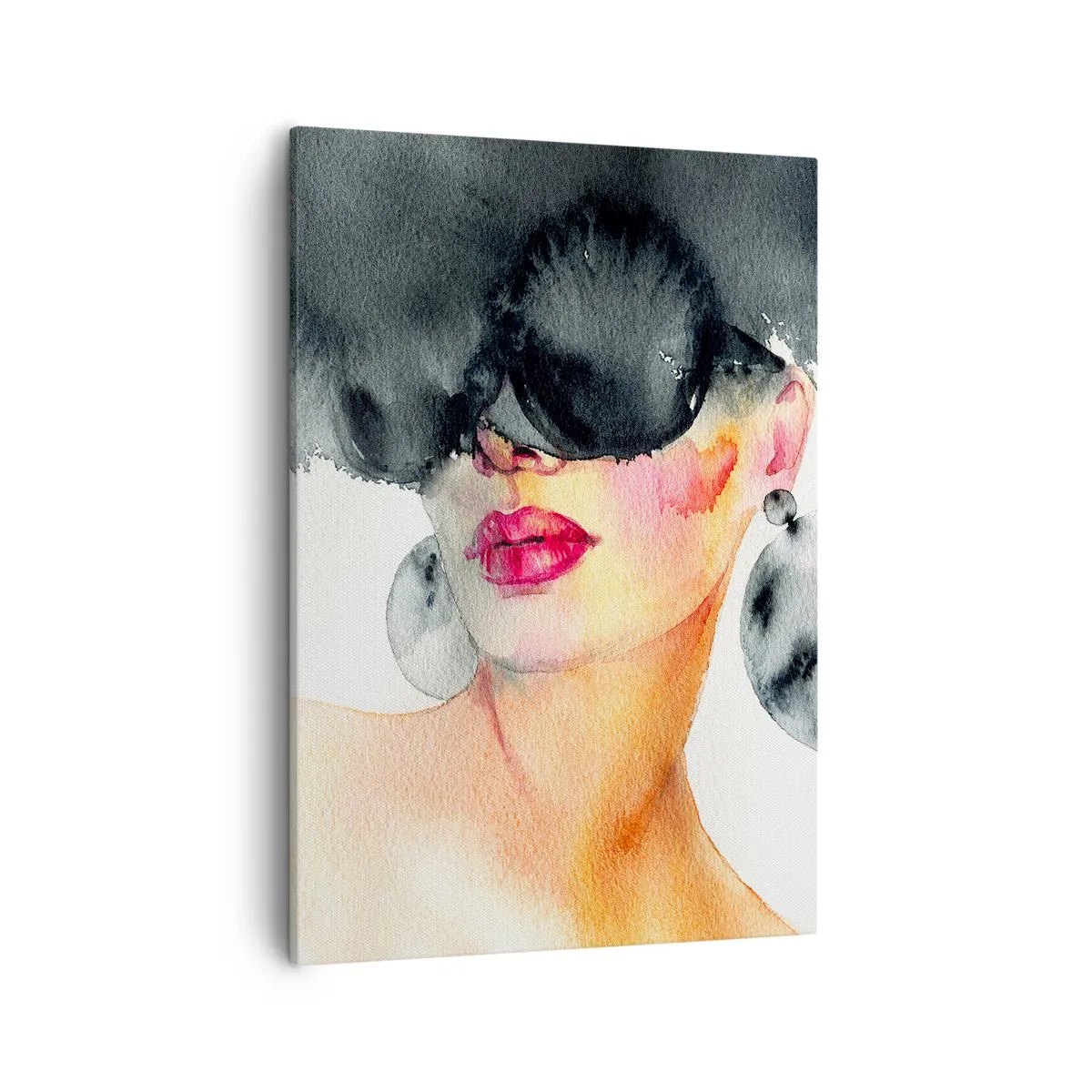 Bild auf Leinwand - Leinwandbild - Eine Frau mit stylischer Brille und großen Ohrringen - 50x70cm - Das Geheimnis der Eleganz - Moderne Wanddekoration für Wohnzimmer und Schlafzimmer ARTTOR