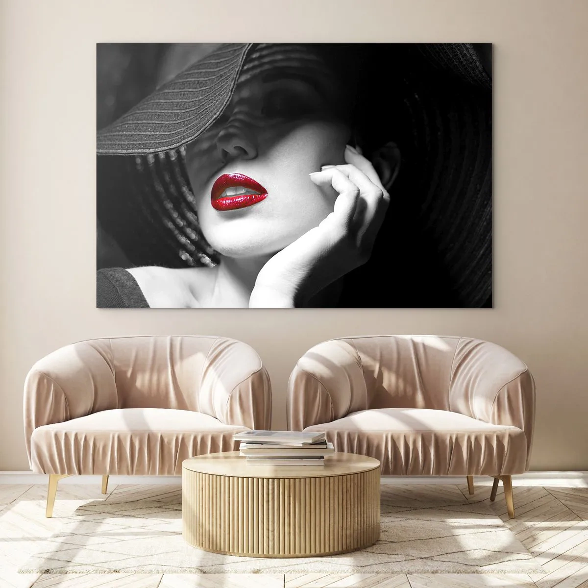 Glasbild - Bild auf glas - Schwarz-Weiß-Komposition mit rotem Lippenakzent - 70x50cm - Eine Studie in Scharlachrot - Moderne Wanddekoration für Wohnzimmer und Schlafzimmer ARTTOR