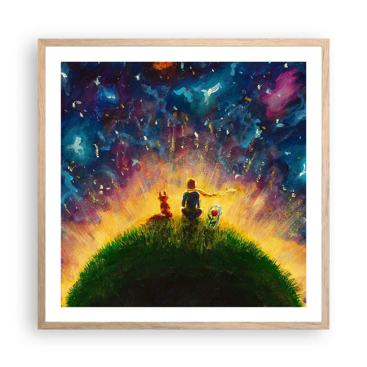 Poster in einem Rahmen aus heller Eiche - Liebe und Freundschaft - die ganze Welt - 60x60 cm