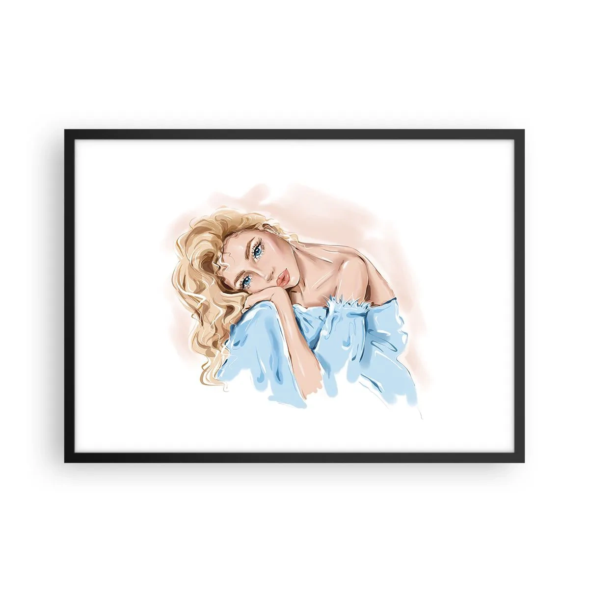 Poster in einem schwarzem Rahmen - Porträt einer Frau in einem blauen Kleid mit blonden Haaren - 70x50cm - Verträumt im Blau - Moderne Wanddekoration für Wohnzimmer und Schlafzimmer ARTTOR