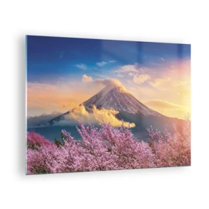 Glasbild - Bild auf glas - Der Berg Fuji im Hintergrund mit blühenden Sakura-Bäumen im Vordergrund - 70x50cm - Japanische Heiligkeit - Moderne Wanddekoration für Wohnzimmer und Schlafzimmer ARTTOR