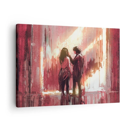 Bild auf Leinwand - Leinwandbild - Ein Paar steht in warmem Licht vor einem Hintergrund aus abstrakten Mustern - 70x50cm - Das ewige Schauspiel der Liebe - Moderne Wanddekoration für Wohnzimmer und Schlafzimmer ARTTOR