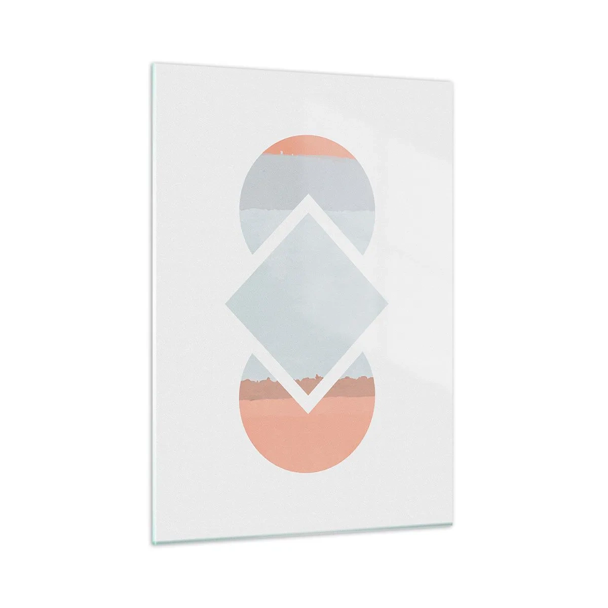 Glasbild - Bild auf glas - Eine pastellfarbene Raute in der Mitte zwischen den Halbkreisen auf weißem Hintergrund. - 50x70cm - Die Situation ist klar - Moderne Wanddekoration für Wohnzimmer und Schlafzimmer ARTTOR