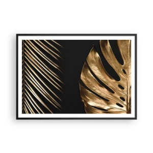 Poster in einem schwarzem Rahmen - Goldene Blätter auf schwarzem Hintergrund - 100x70cm - Anders und genauso teuer - Moderne Wanddekoration für Wohnzimmer und Schlafzimmer ARTTOR