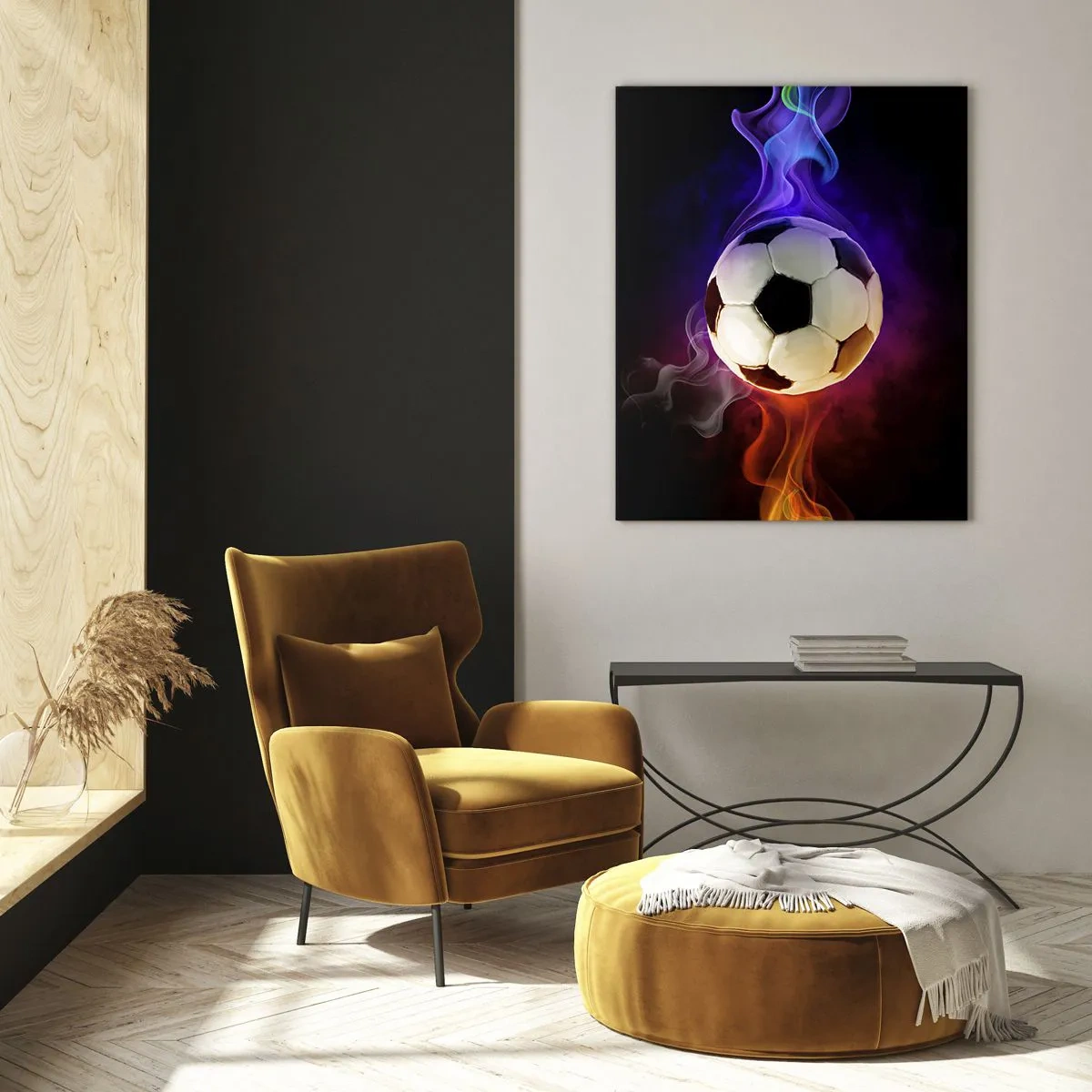 Glasbild - Bild auf glas - Ein Fußball, umgeben von bunten Streifen - 50x70cm - Die magische Kraft des Spiels - Moderne Wanddekoration für Wohnzimmer und Schlafzimmer ARTTOR