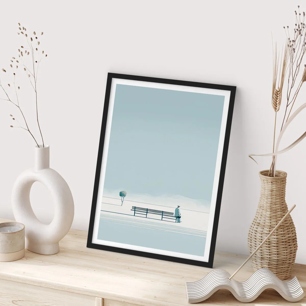 Poster in einem schwarzem Rahmen - Eine Person, die in einer minimalistischen, friedlichen Landschaft auf einer Bank sitzt. - 50x70cm - Ja, ich warte. - Moderne Wanddekoration für Wohnzimmer und Schlafzimmer ARTTOR