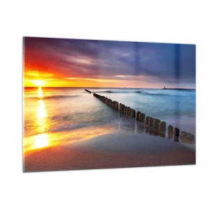 Glasbild - Bild auf glas - Sonnenuntergang über dem Meer mit hölzernen Wellenbrechern - 120x80cm - Lausche der Stille - Moderne Wanddekoration für Wohnzimmer und Schlafzimmer ARTTOR