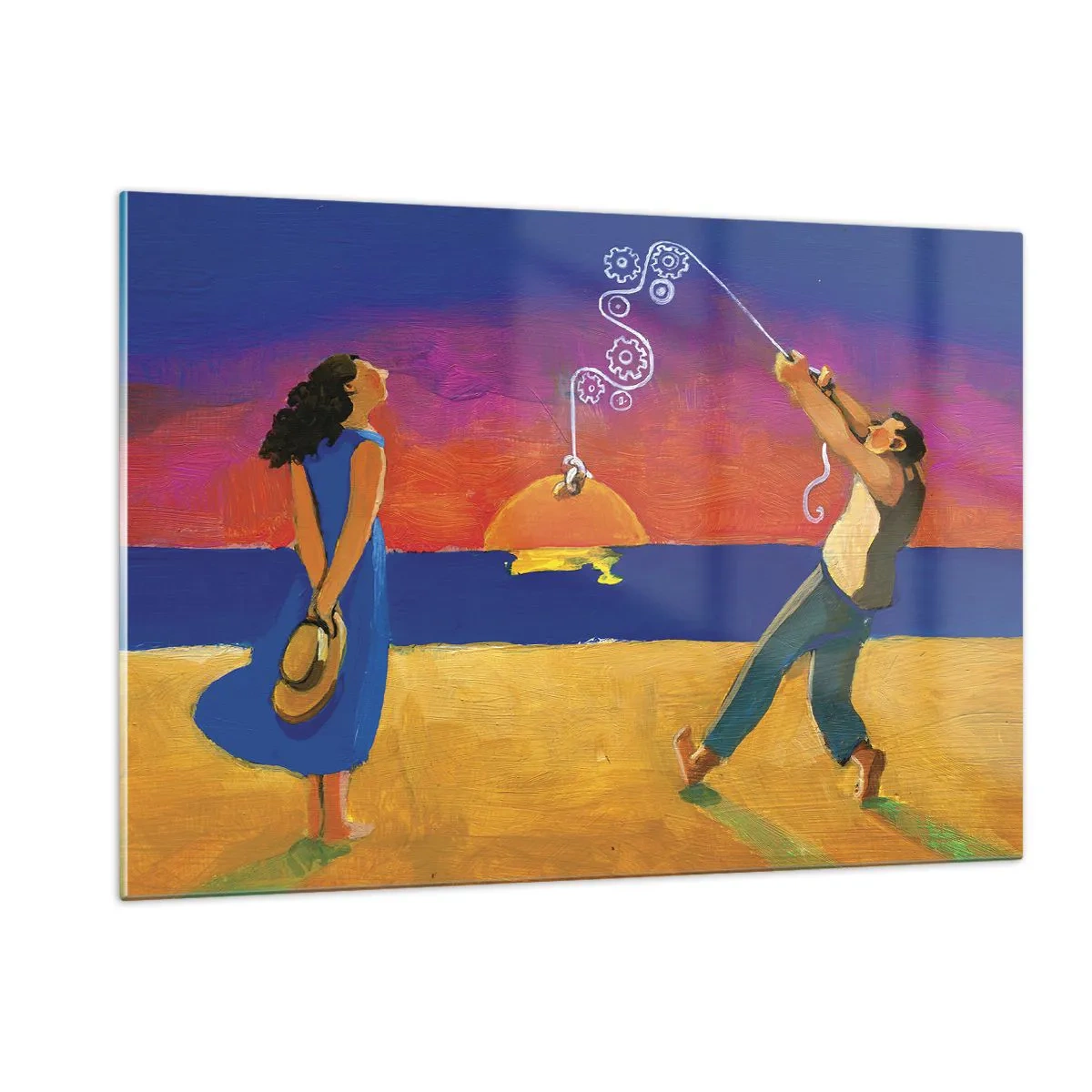 Glasbild - Bild auf glas - Bunte Zusammenfassung eines Paares am Strand bei Sonnenuntergang - 120x80cm - Mehr als ein Sternchen vom Himmel - Moderne Wanddekoration für Wohnzimmer und Schlafzimmer ARTTOR