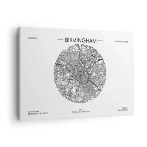 Bild auf Leinwand - Leinwandbild - Eine minimalistische Schwarzweißkarte von Birmingham mit präzisen Details. - 70x50cm - Anatomie von Birmingham - Moderne Wanddekoration für Wohnzimmer und Schlafzimmer ARTTOR