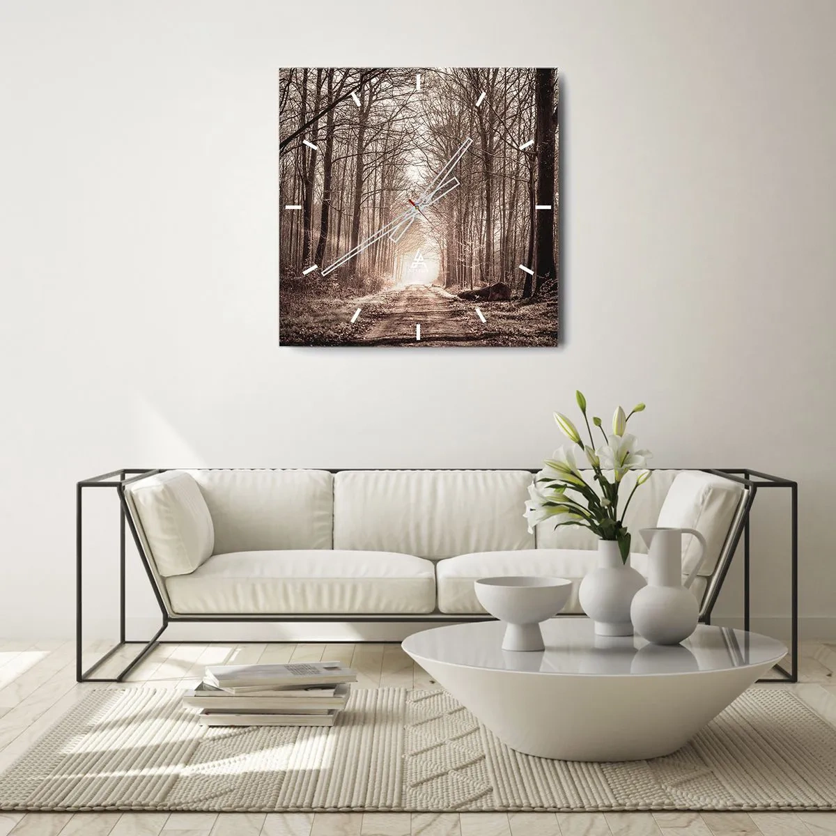 Wanduhr - Glasuhr - Ein Waldweg zwischen sepiafarbenen Bäumen - 30x30cm - Waldkathedrale - Moderne Wanddekoration für Wohnzimmer und Schlafzimmer ARTTOR