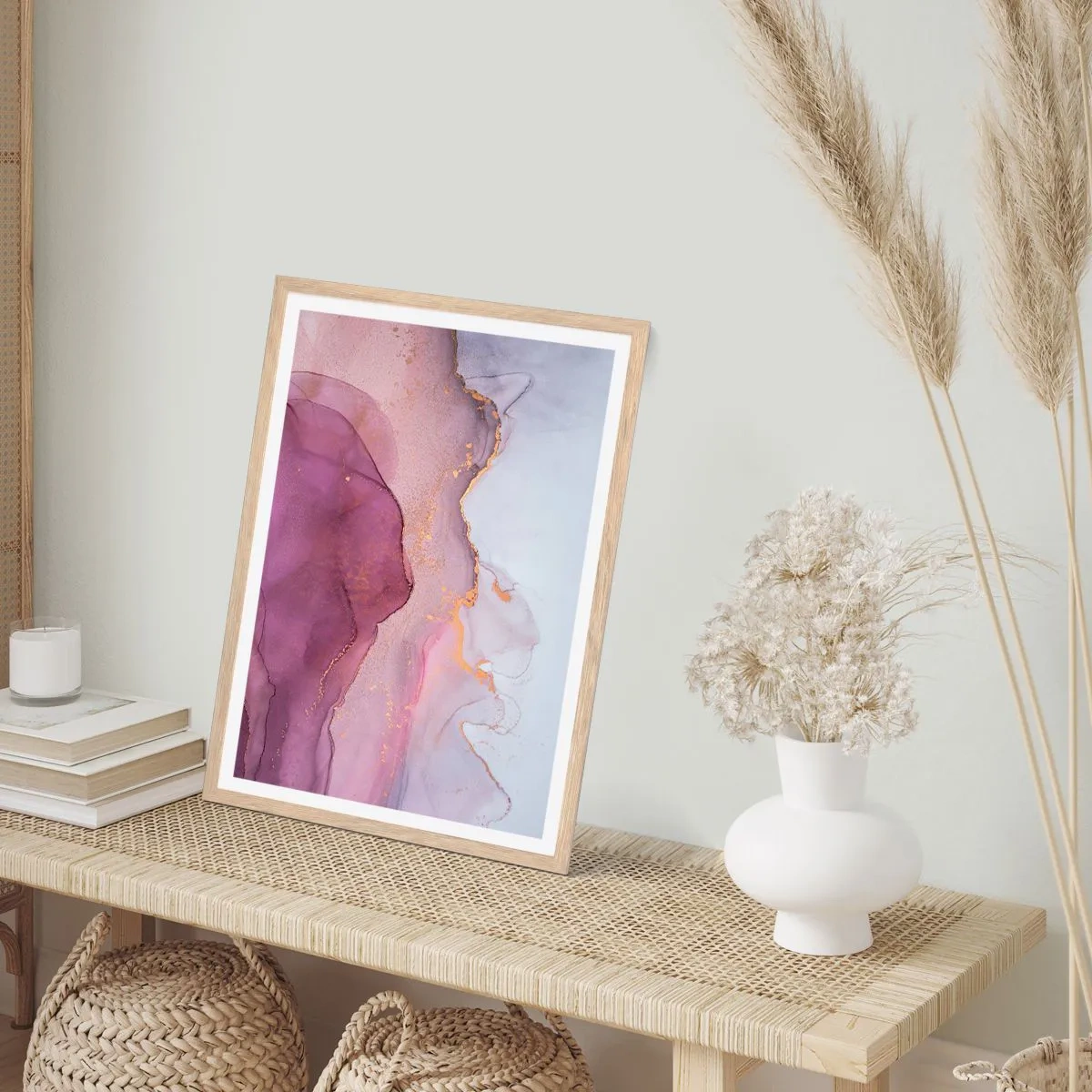 Poster in einem Rahmen aus heller Eiche - Violett und lila Wellen - 70x100 cm