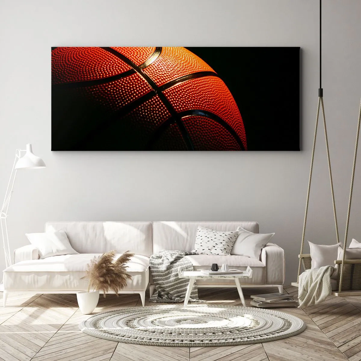 Bild auf Leinwand - Leinwandbild - Nahaufnahme eines Basketballs vor schwarzem Hintergrund - 120x50cm - Schön wie ein Planet - Moderne Wanddekoration für Wohnzimmer und Schlafzimmer ARTTOR