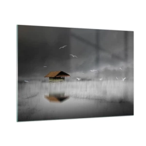 Glasbild - Bild auf glas - Ein Haus auf dem Wasser im Nebel mit fliegenden Vögeln - 100x70cm - Schutz vor Regen - Moderne Wanddekoration für Wohnzimmer und Schlafzimmer ARTTOR