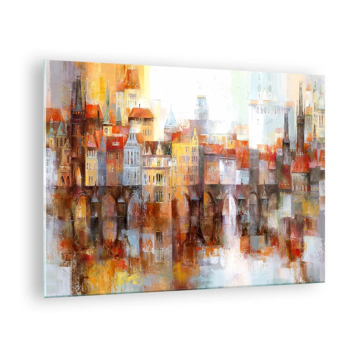 Glasbild - Bild auf glas - Farbenfrohes Stadtpanorama mit Brücke und Spiegelung im Wasser - 70x50cm - Schön ist es auch unter der Brücke - Moderne Wanddekoration für Wohnzimmer und Schlafzimmer ARTTOR