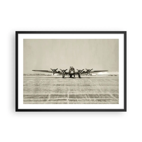 Poster in einem schwarzem Rahmen - Historisches Flugzeug auf dem Flughafen in Sepia - 70x50cm - Wie immer bereit - Moderne Wanddekoration für Wohnzimmer und Schlafzimmer ARTTOR
