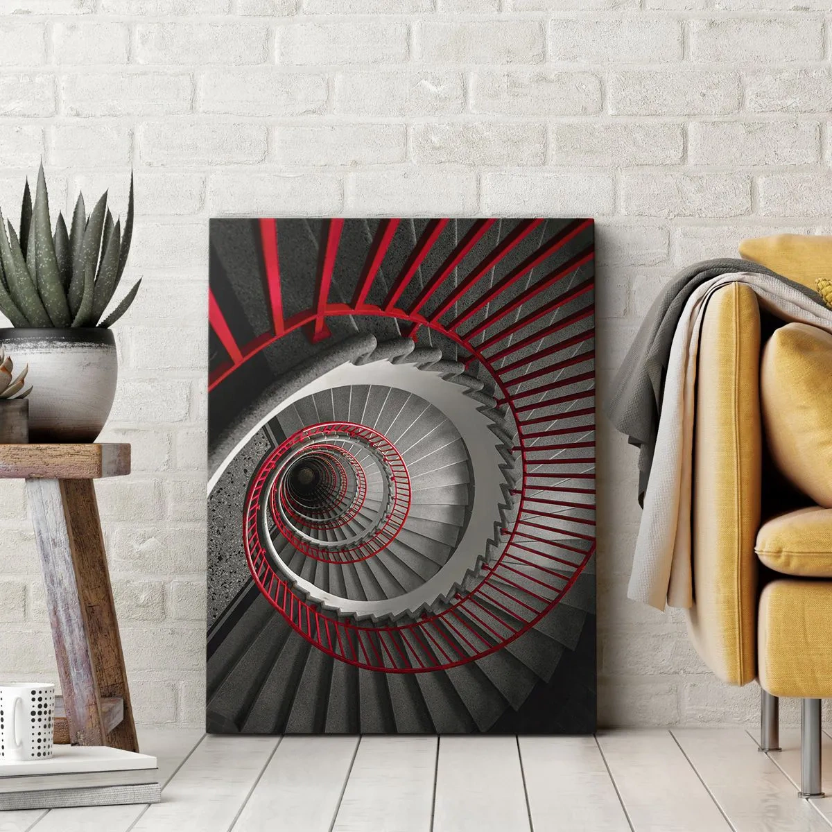 Bild auf Leinwand - Leinwandbild - Wendeltreppe mit roten Handläufen in dynamischer Perspektive - 50x70cm - Architekturspaß - Moderne Wanddekoration für Wohnzimmer und Schlafzimmer ARTTOR
