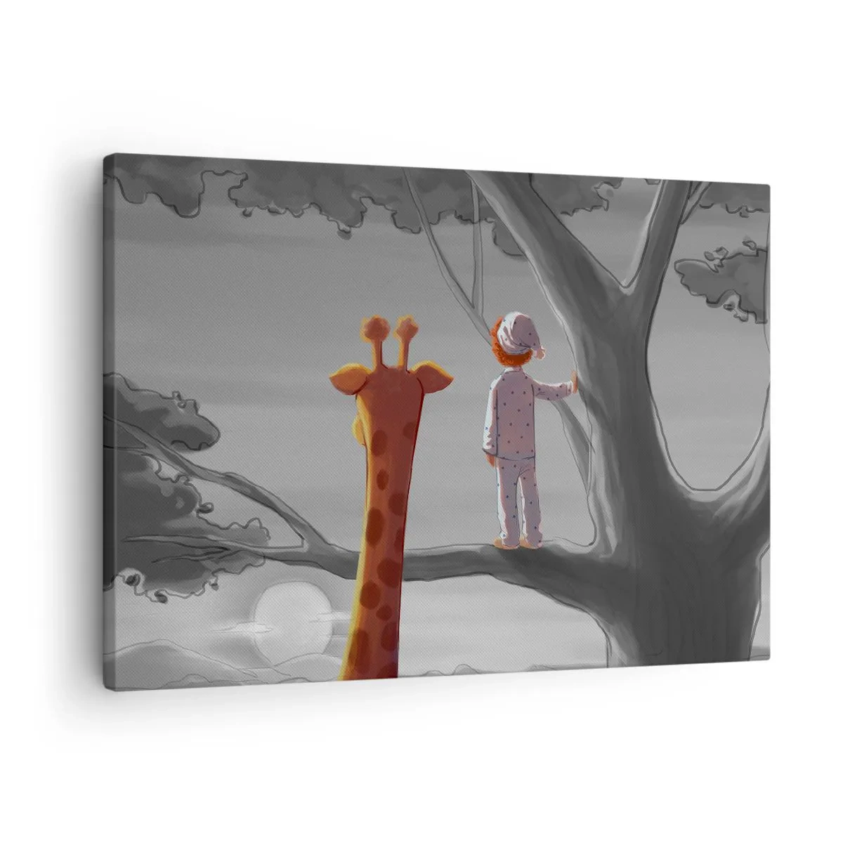 Bild auf Leinwand - Leinwandbild - Ein Kind und eine Giraffe auf einem Ast in einer Märchenlandschaft - 70x50cm - Das passiert wirklich - Moderne Wanddekoration für Wohnzimmer und Schlafzimmer ARTTOR