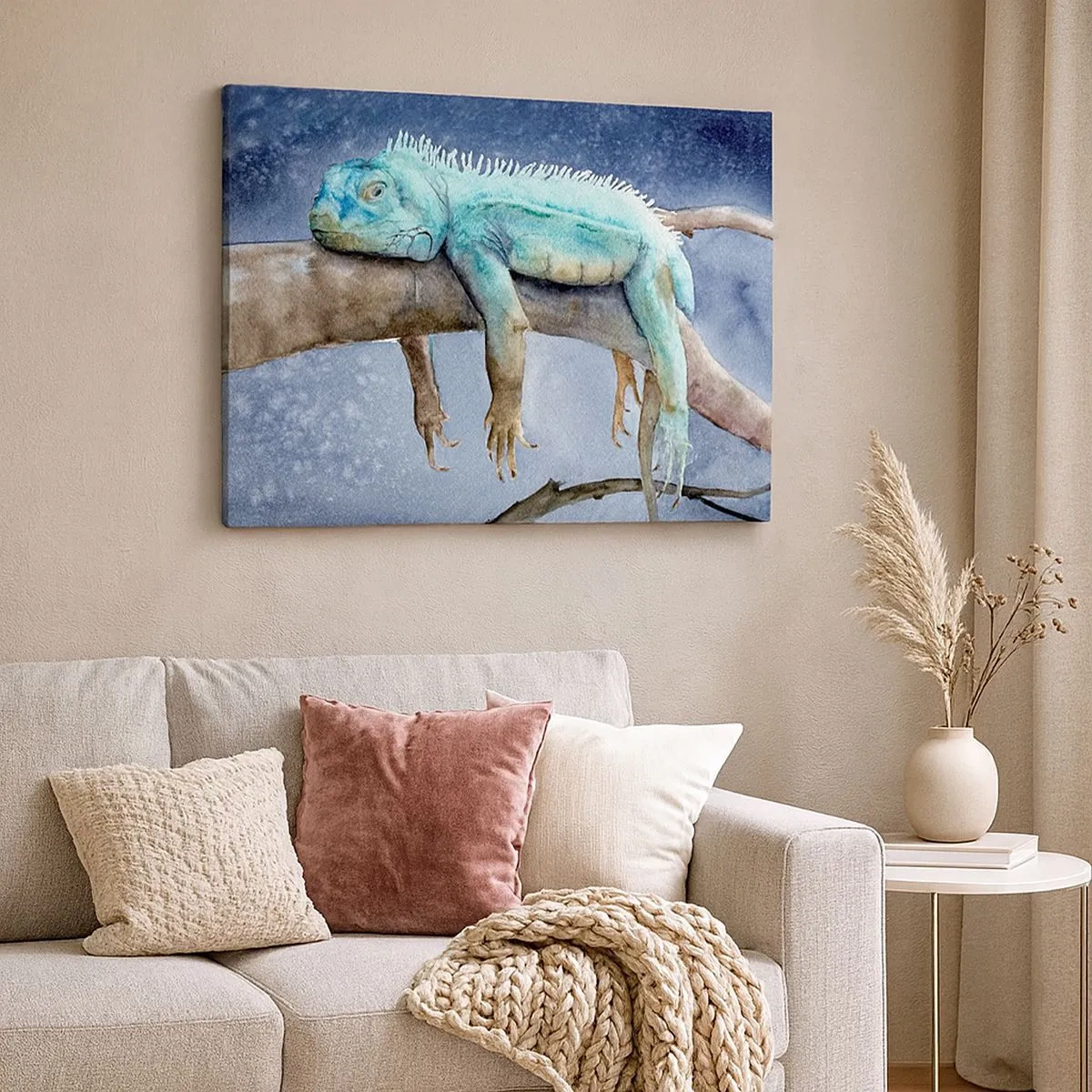 Bild auf Leinwand - Leinwandbild - Blauer Leguan ruht auf einem Ast - 70x50cm - Es ist gut! - Moderne Wanddekoration für Wohnzimmer und Schlafzimmer ARTTOR