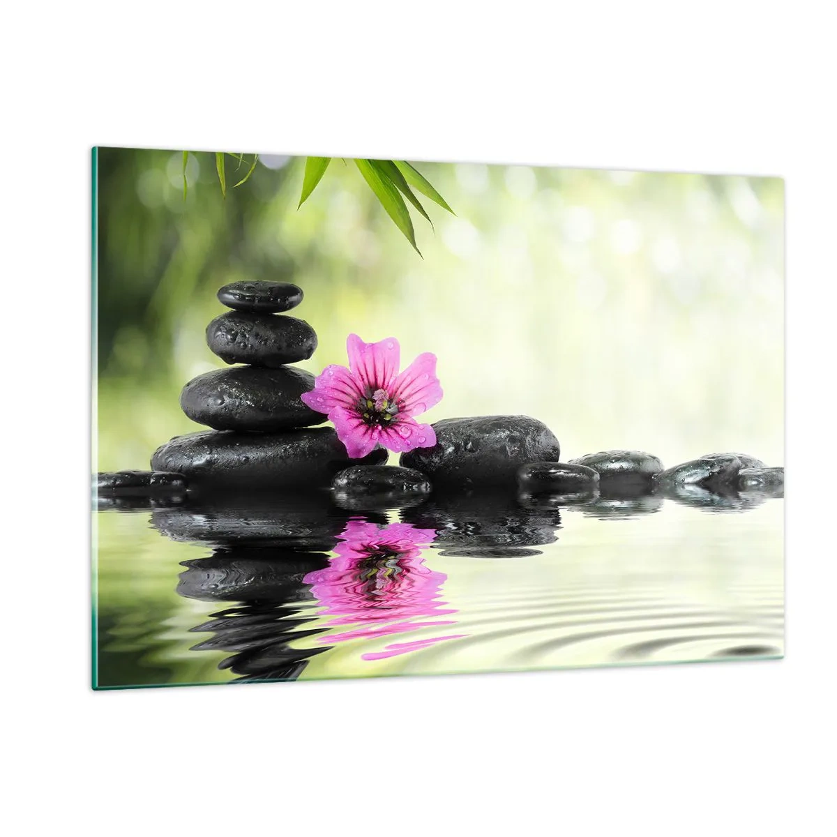 Glasbild - Bild auf glas - Schwarze Steine und eine rosa Blume vor dem Hintergrund der Natur - 120x80cm - Zeit für die Seele - Moderne Wanddekoration für Wohnzimmer und Schlafzimmer ARTTOR