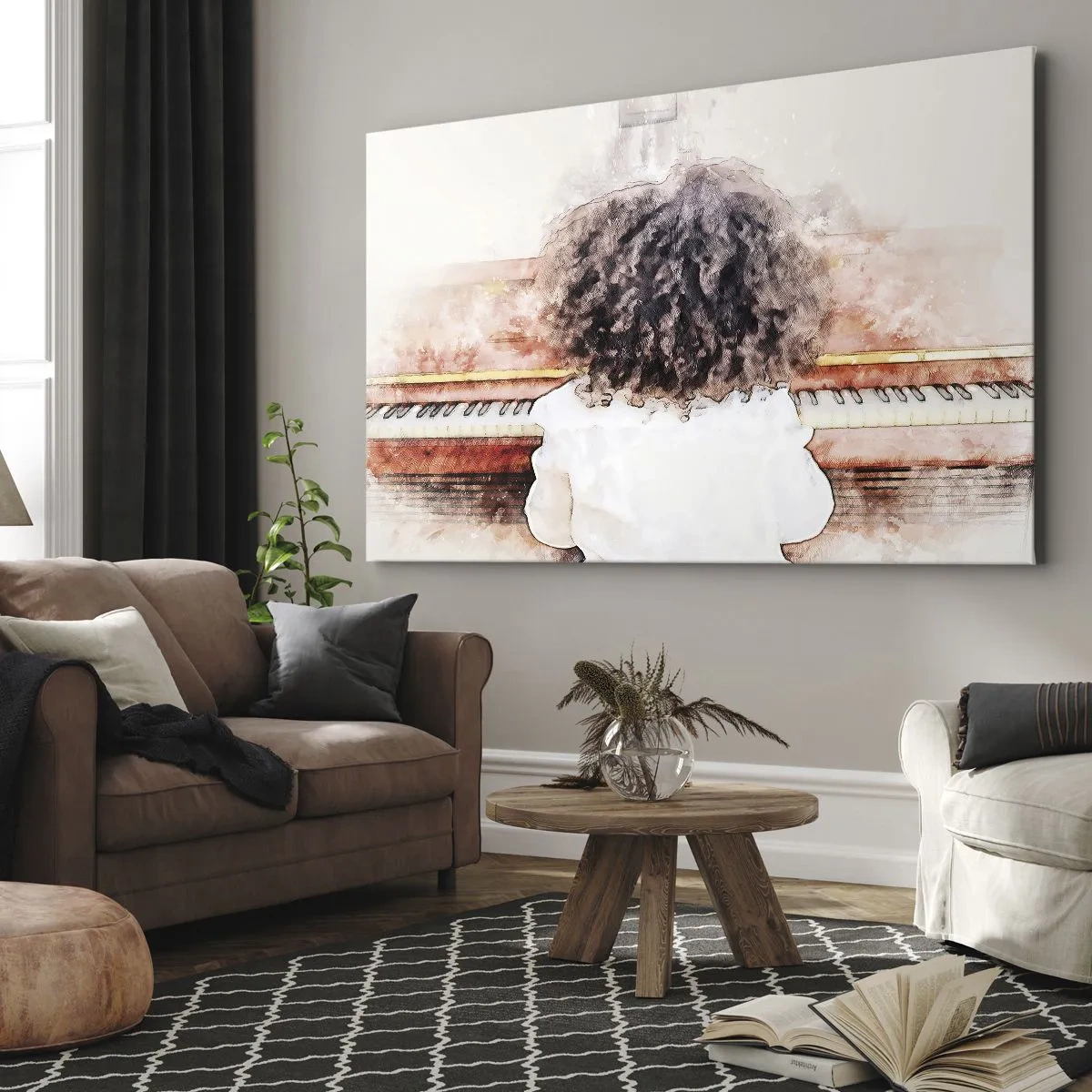 Bild auf Leinwand - Leinwandbild - Ein Mädchen mit buschigem Haar am Klavier - 70x50cm - In der neuen Welt - Moderne Wanddekoration für Wohnzimmer und Schlafzimmer ARTTOR