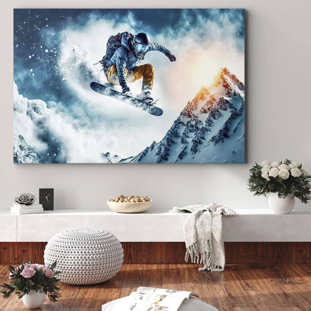 Bild auf Leinwand - Leinwandbild - Ein Snowboarder fliegt über schneebedeckte Berge - 100x70cm - Extreme Emotionen - Moderne Wanddekoration für Wohnzimmer und Schlafzimmer ARTTOR