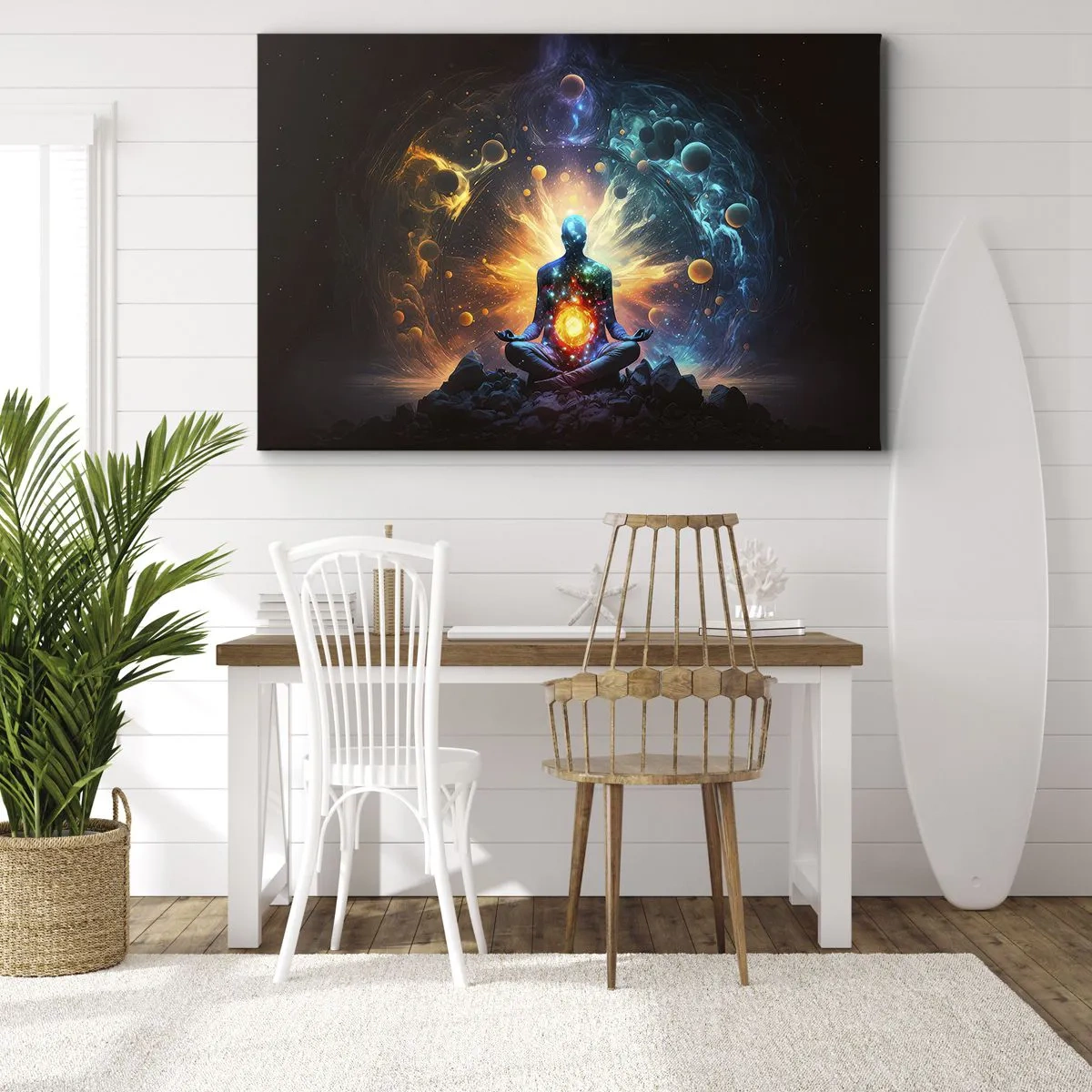 Bild auf Leinwand - Leinwandbild - Eine meditierende Figur, umgeben von einer kosmischen Aura - 100x70cm - Kosmischer Frieden - Moderne Wanddekoration für Wohnzimmer und Schlafzimmer ARTTOR
