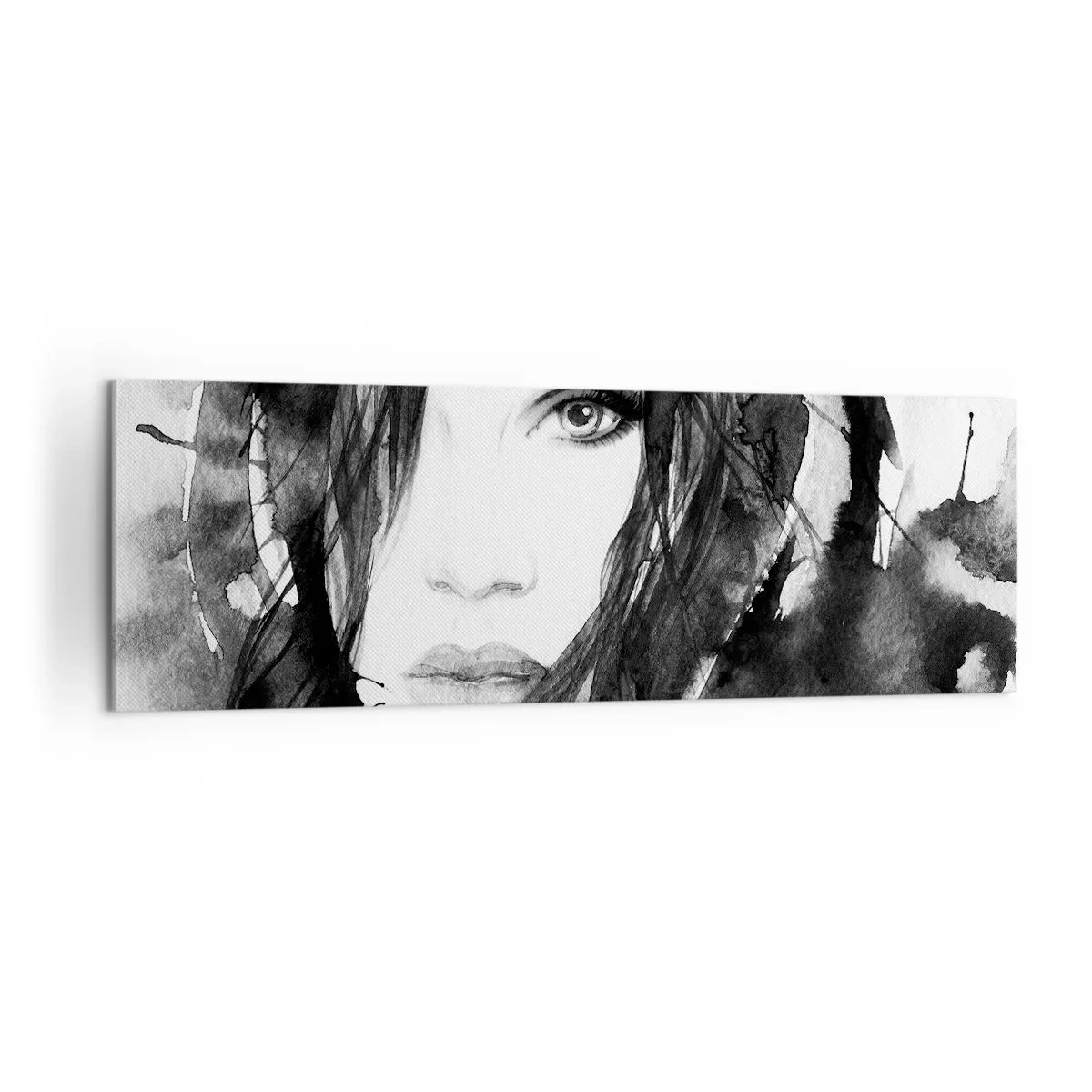 Bild auf Leinwand - Leinwandbild - Porträt einer Frau in Schwarz-Weiß-Aquarell - 160x50cm - Porträt einer Dame in Schwarzweiß - Moderne Wanddekoration für Wohnzimmer und Schlafzimmer ARTTOR