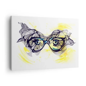 Bild auf Leinwand - Leinwandbild - Künstlerische Grafik einer Brille mit ausdrucksstarken Augen - 70x50cm - Durch blaue Brille - Moderne Wanddekoration für Wohnzimmer und Schlafzimmer ARTTOR