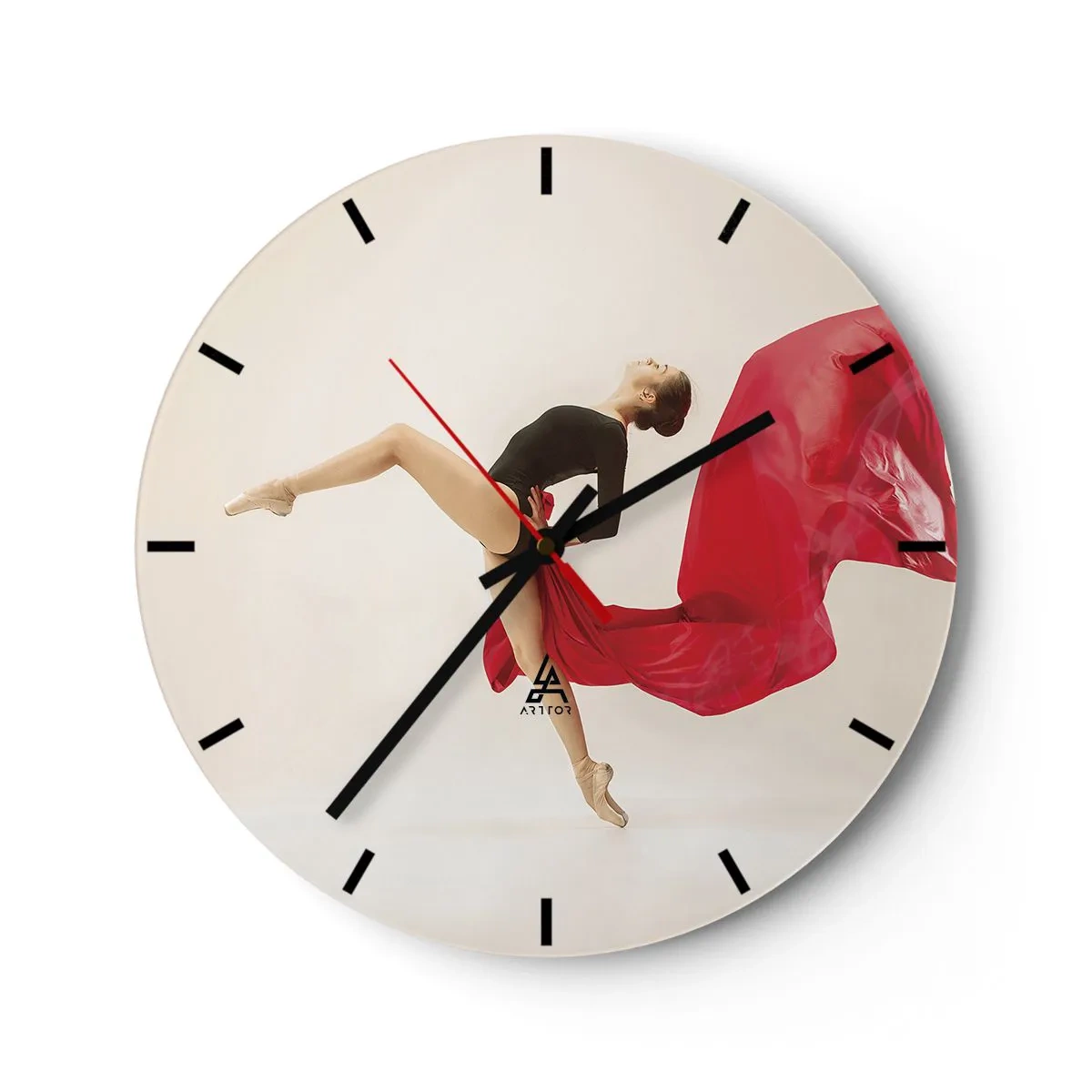 Wanduhr - Glasuhr - Eine Tänzerin in dynamischer Pose mit rotem Stoff - 30x30cm - Rot und Schwarz - Moderne Wanddekoration für Wohnzimmer, Küche und Schlafzimmer ARTTOR