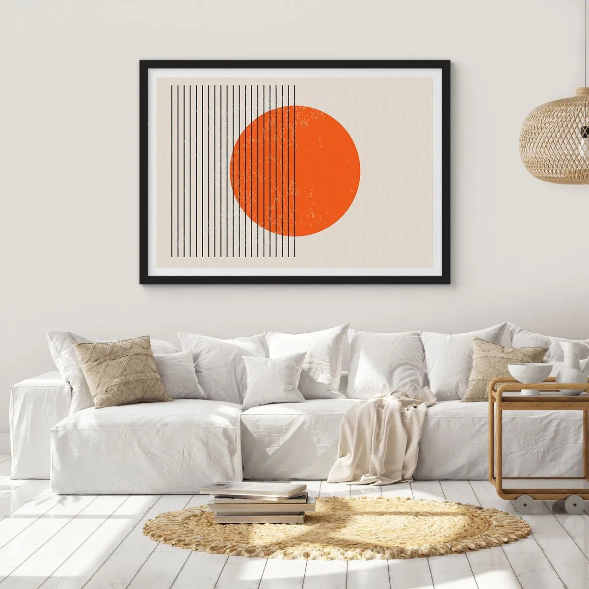 Poster in einem schwarzem Rahmen - Minimalistische Sonne mit geometrischen Linien - 100x70cm - Immer die Sonne - Moderne Wanddekoration für Wohnzimmer und Schlafzimmer ARTTOR