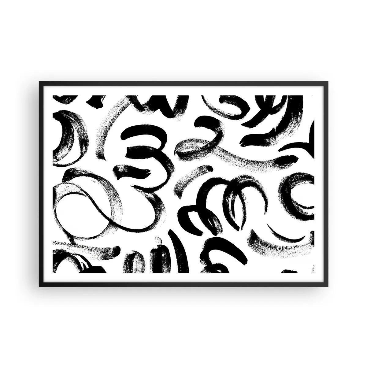 Poster in einem schwarzem Rahmen - Schwarze abstrakte Pinselstriche auf weißem Hintergrund - 100x70cm - Schwarz auf Weiß - Moderne Wanddekoration für Wohnzimmer und Schlafzimmer ARTTOR