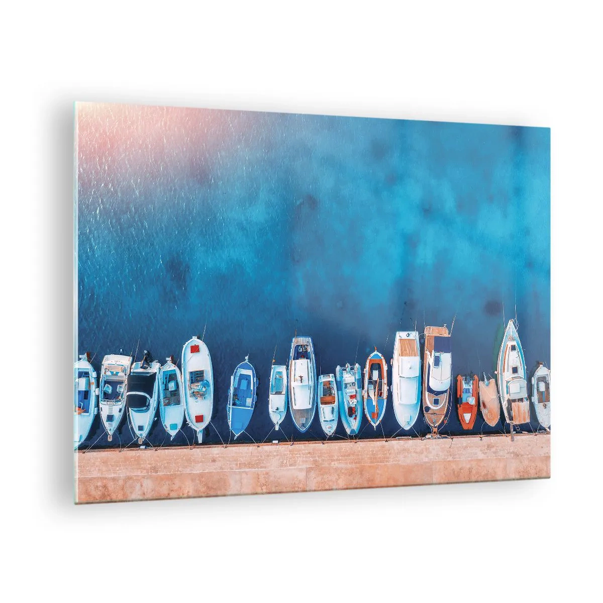 Glasbild - Bild auf glas - Am Ufer festgemachte Boote aus der Vogelperspektive - 70x50cm - In einer Reihe - Moderne Wanddekoration für Wohnzimmer und Schlafzimmer ARTTOR
