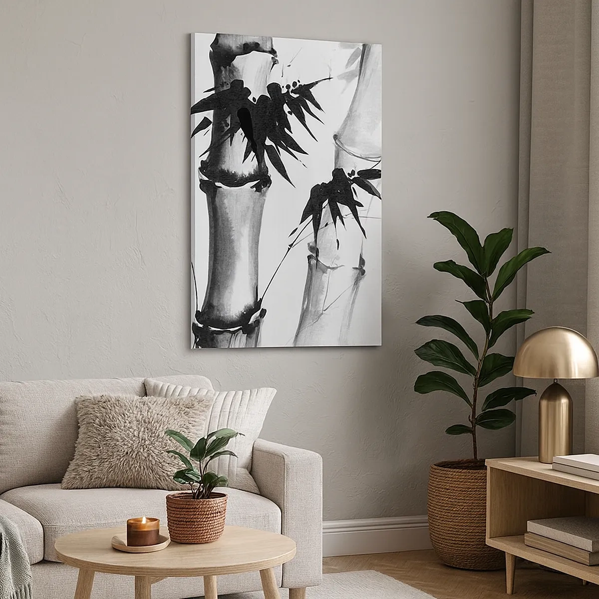 Bild auf Leinwand - Leinwandbild - Aquarell-Bambus im japanischen Stil auf weißem Hintergrund - 50x70cm - Dem Orient ganz nah - Moderne Wanddekoration für Wohnzimmer und Schlafzimmer ARTTOR
