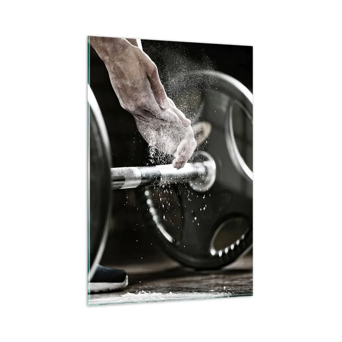 Glasbild - Bild auf glas - Hanteln und die Hände eines Sportlers bereiten sich auf das Training vor - 80x120cm - Herausforderung angenommen! - Moderne Wanddekoration für Wohnzimmer und Schlafzimmer ARTTOR