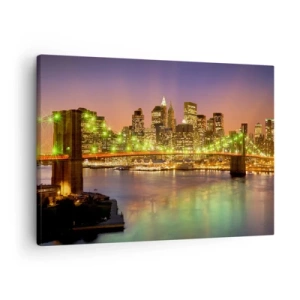 Bild auf Leinwand - Leinwandbild - Beleuchtete Brücke in einer modernen Stadt bei Nacht - 70x50cm - Hier geht das Licht nie aus - Moderne Wanddekoration für Wohnzimmer und Schlafzimmer ARTTOR