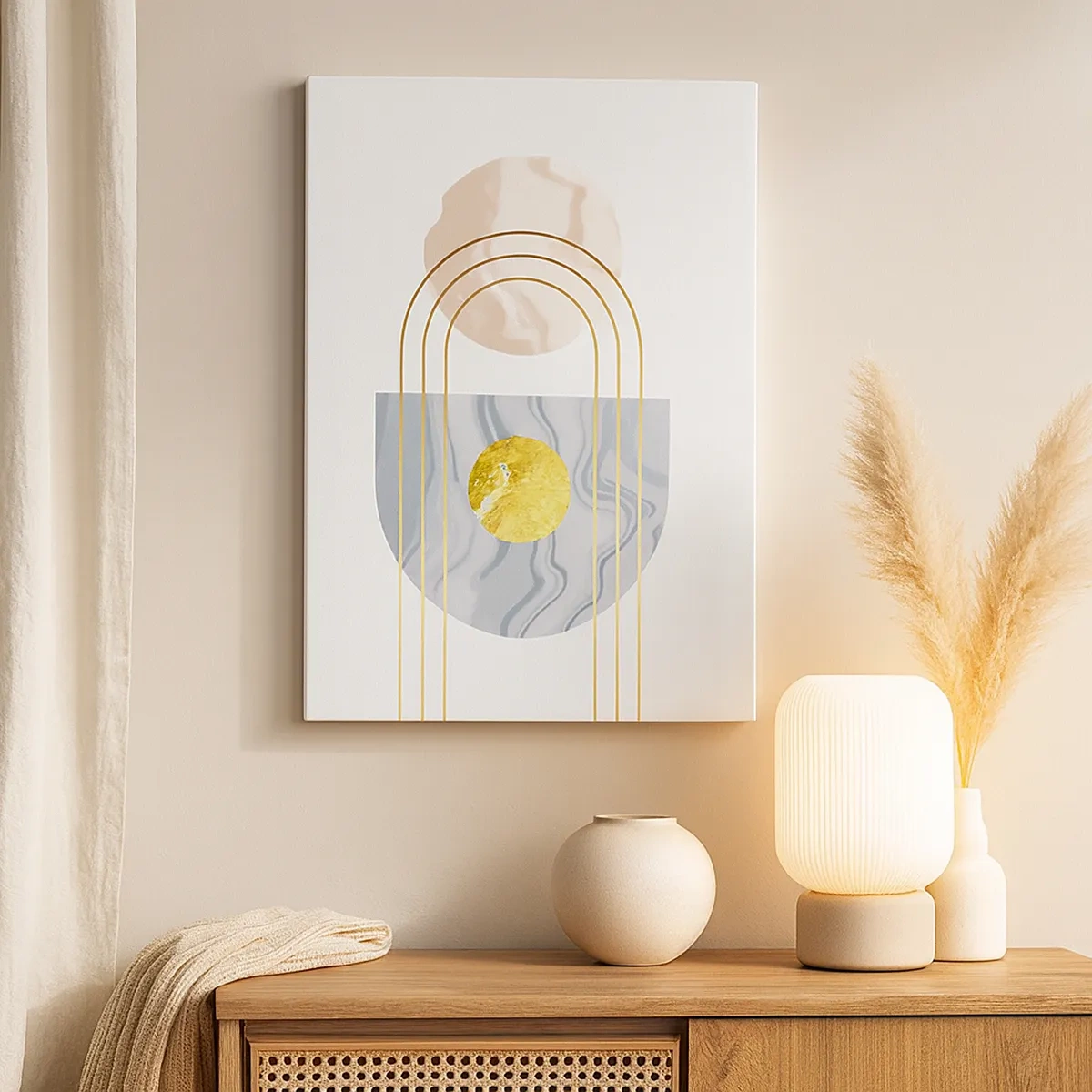 Bild auf Leinwand - Leinwandbild - Abstrakte Komposition mit Kreisen und goldenen Linien auf hellem Hintergrund. - 50x70cm - Helligkeit und Brillanz - Moderne Wanddekoration für Wohnzimmer und Schlafzimmer ARTTOR