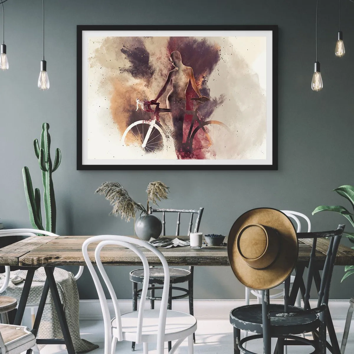 Poster in einem schwarzem Rahmen - Abstrakte Silhouette mit einem Fahrrad im künstlerischen Stil - 70x50cm - Eine Fahrradseele in Marmorformen - Moderne Wanddekoration für Wohnzimmer und Schlafzimmer ARTTOR