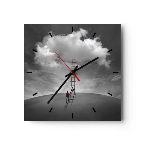 Wanduhr - Glasuhr - Eine Person in einem roten Mantel und eine Leiter, die zu einer Wolke führt - 30x30cm - Alles ist möglich - Moderne Wanddekoration für Wohnzimmer und Schlafzimmer ARTTOR