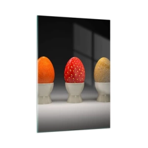 Glasbild - Bild auf glas - Eier in Fruchtschalen auf einem Ständer - 50x70cm - Obstfrühstück - Moderne Wanddekoration für Wohnzimmer und Schlafzimmer ARTTOR