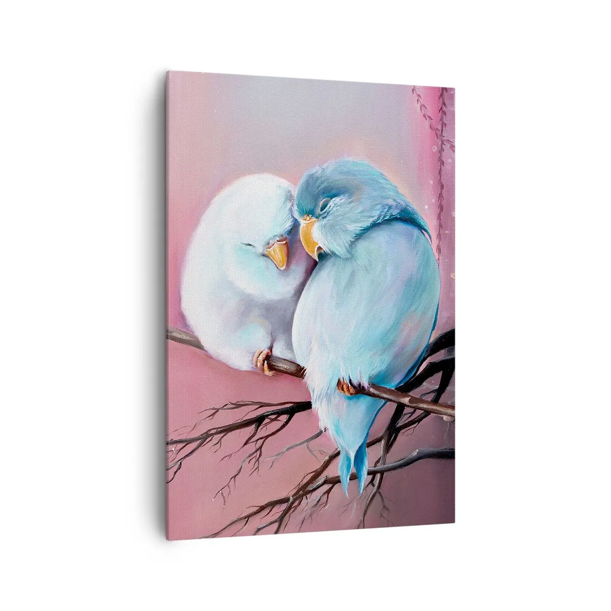 Bild auf Leinwand - Leinwandbild - Zwei verliebte Vögel auf einem Ast auf rosa Hintergrund - 70x100cm - Was kann ich hier hinzufügen? ... - Moderne Wanddekoration für Wohnzimmer und Schlafzimmer ARTTOR
