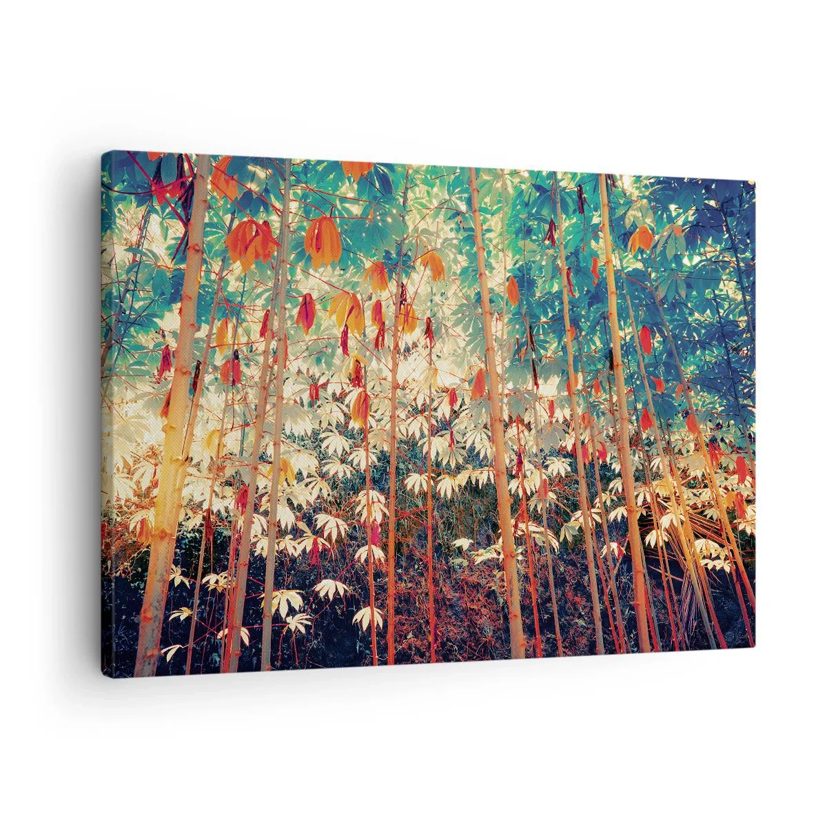 Bild auf Leinwand - Leinwandbild - Ein bunter Bambuswald mit intensiven Farben - 70x50cm - Das geheime Leben der Blätter - Moderne Wanddekoration für Wohnzimmer und Schlafzimmer ARTTOR