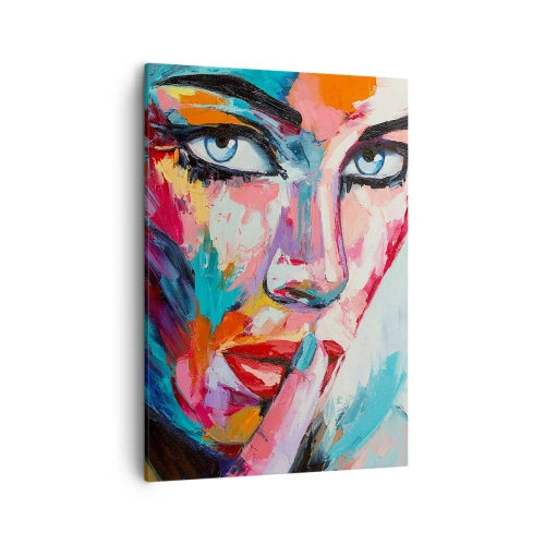 Bild auf Leinwand - Leinwandbild - Farbenfrohes Porträt einer Frau im abstrakten Stil - 50x70cm - Unser erstes Geheimnis - Moderne Wanddekoration für Wohnzimmer und Schlafzimmer ARTTOR