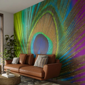 Fototapete Premium Sand - Bunte Pfauenfeder mit detailliertem Muster - 100x70cm - Auge in Auge - Moderne Wanddekoration für Wohnzimmer und Schlafzimmer ARTTOR