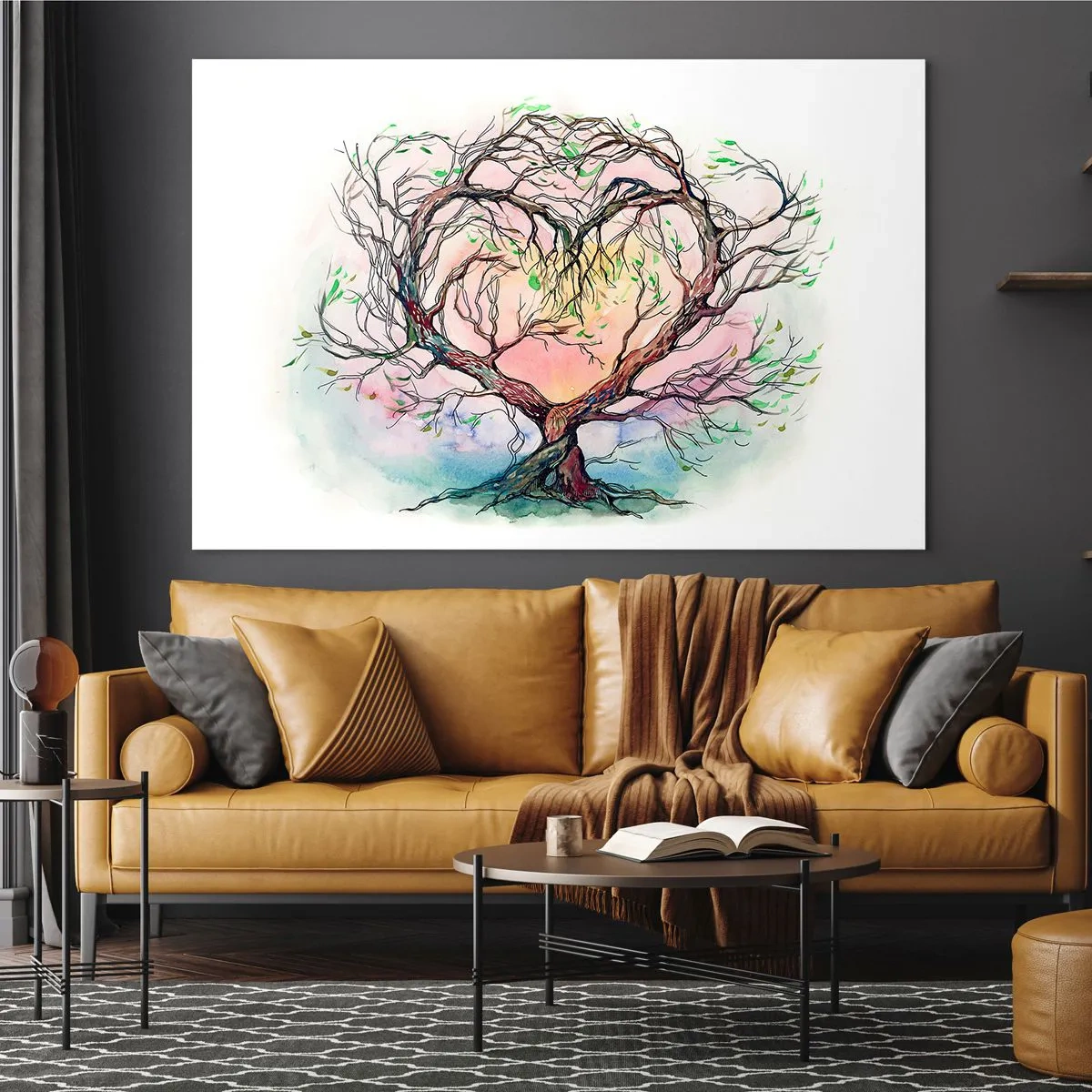 Glasbild - Bild auf glas - Ein herzförmiger Baum mit einem farbenfrohen, pastellfarbenen Hintergrund - 120x80cm - Gemeinsam gegen die Stürme - Moderne Wanddekoration für Wohnzimmer und Schlafzimmer ARTTOR