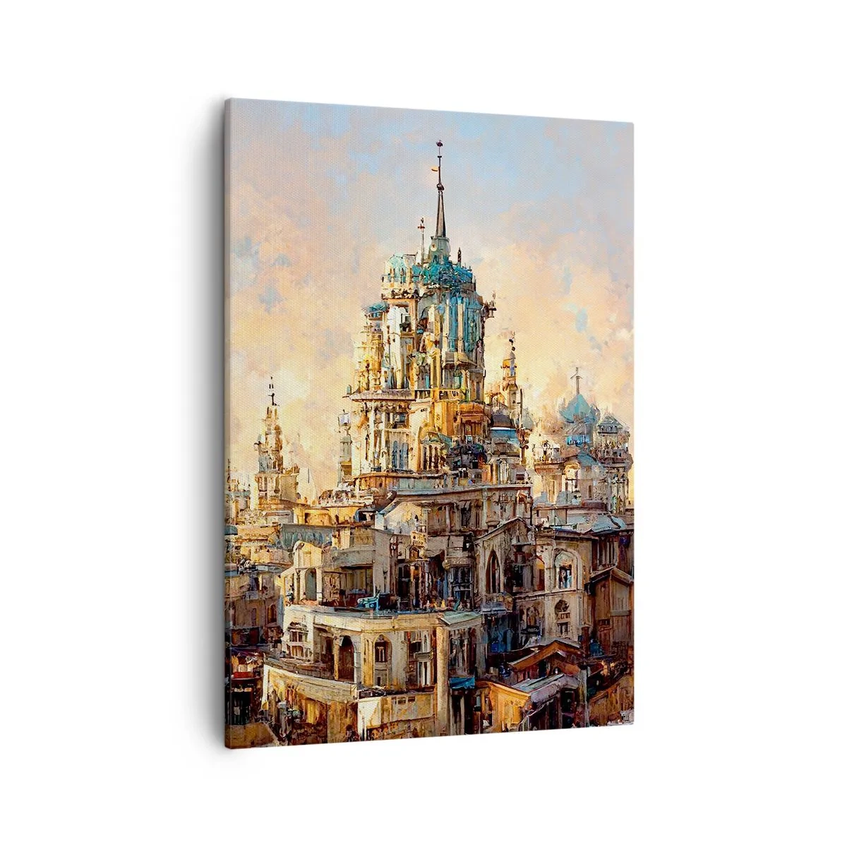 Bild auf Leinwand - Leinwandbild - Architektonische Türme in den Strahlen der untergehenden Sonne - 50x70cm - Stadt der Städte - Moderne Wanddekoration für Wohnzimmer und Schlafzimmer ARTTOR