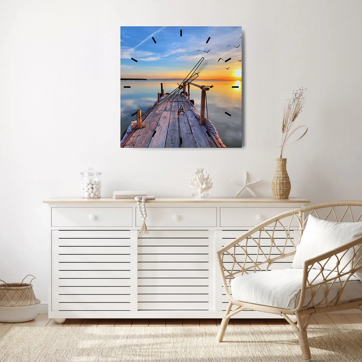 Wanduhr - Glasuhr - Holzsteg bei Sonnenuntergang auf einem ruhigen See - 30x30cm - Lauf direkt der Sonne entgegen - Moderne Wanddekoration für Wohnzimmer und Schlafzimmer ARTTOR