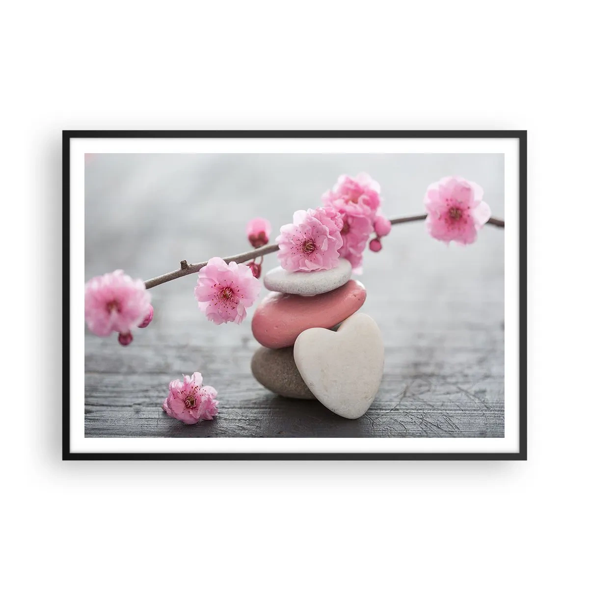 Poster in einem schwarzem Rahmen - Zarte Kirschblüten mit herzförmigen Steinen - 100x70cm - Glückseligkeit mit einer Kirschblüte - Moderne Wanddekoration für Wohnzimmer und Schlafzimmer ARTTOR