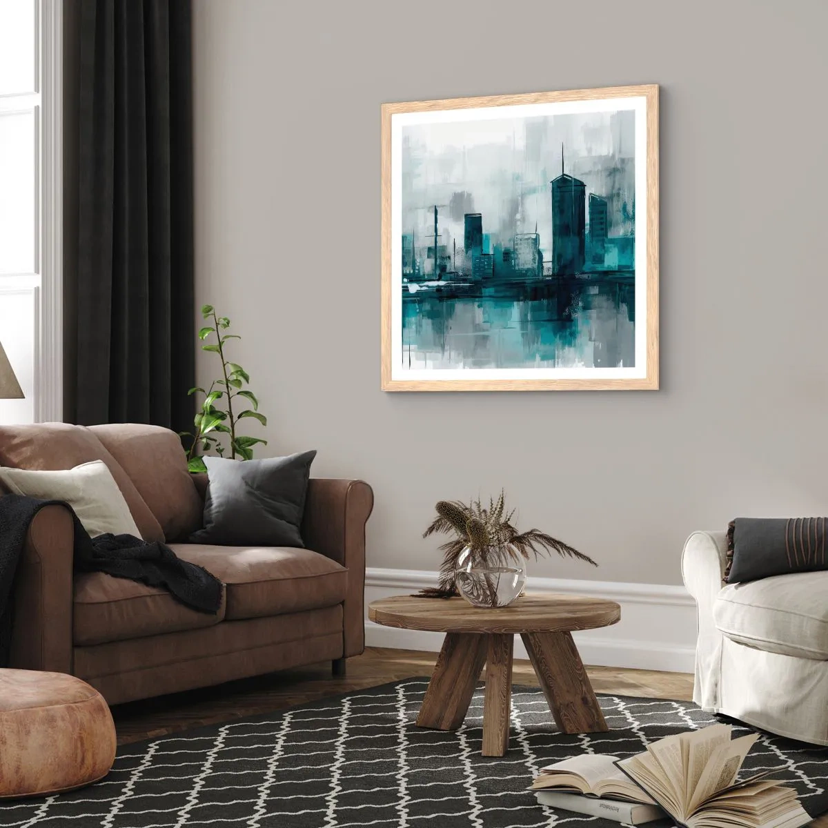 Poster in einem Rahmen aus heller Eiche - Eine Stadt in der Farbe des Regens - 50x50 cm