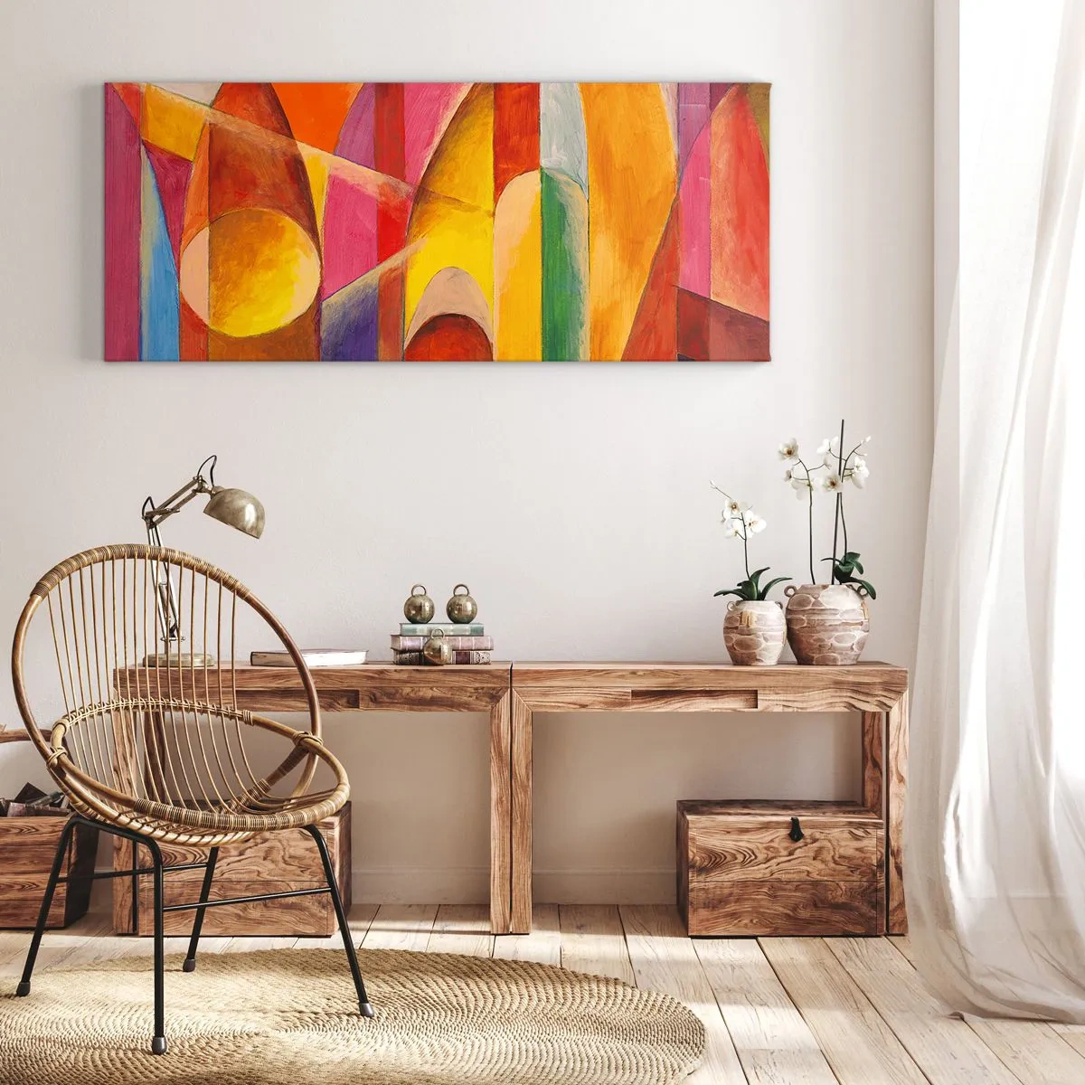 Bild auf Leinwand - Leinwandbild - Eine abstrakte Komposition voller farbenfroher geometrischer Formen. - 120x50cm - Kathedrale der Sonne - Moderne Wanddekoration für Wohnzimmer und Schlafzimmer ARTTOR